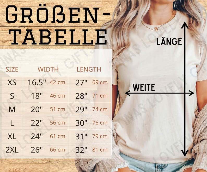 May include: Size chart for a t-shirt with measurements in inches and centimetres. The chart shows the width and length of the shirt in different sizes: XS, S, M, L, XL, and 2XL.
