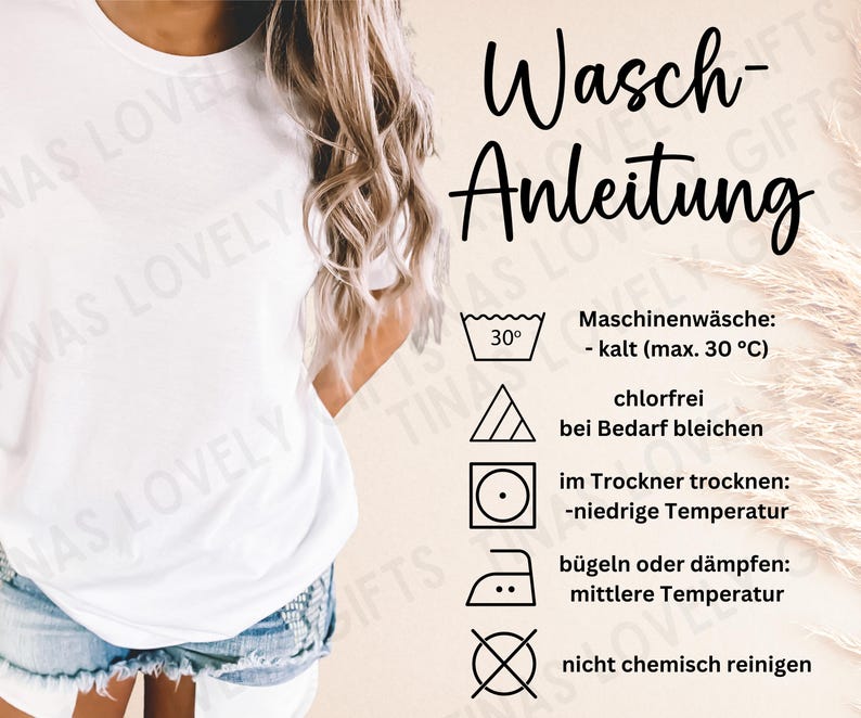 May include: A white t-shirt with a graphic of washing instructions. The instructions include machine wash cold, tumble dry low, iron medium heat, and do not dry clean.