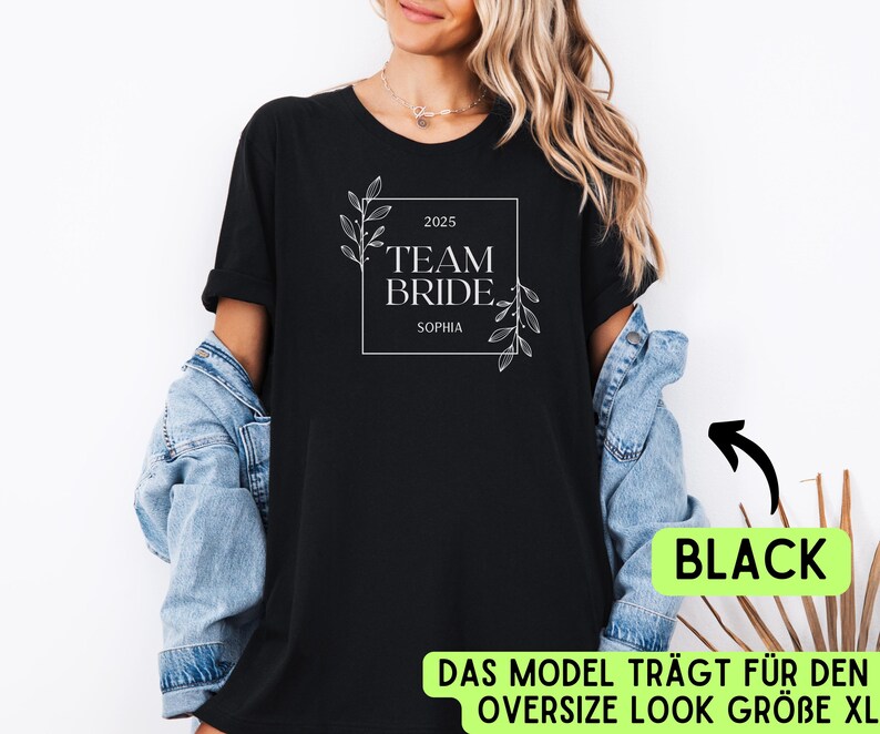 May include: Black t-shirt with white text and floral design. The text reads "2025 Team Bride Sophia".