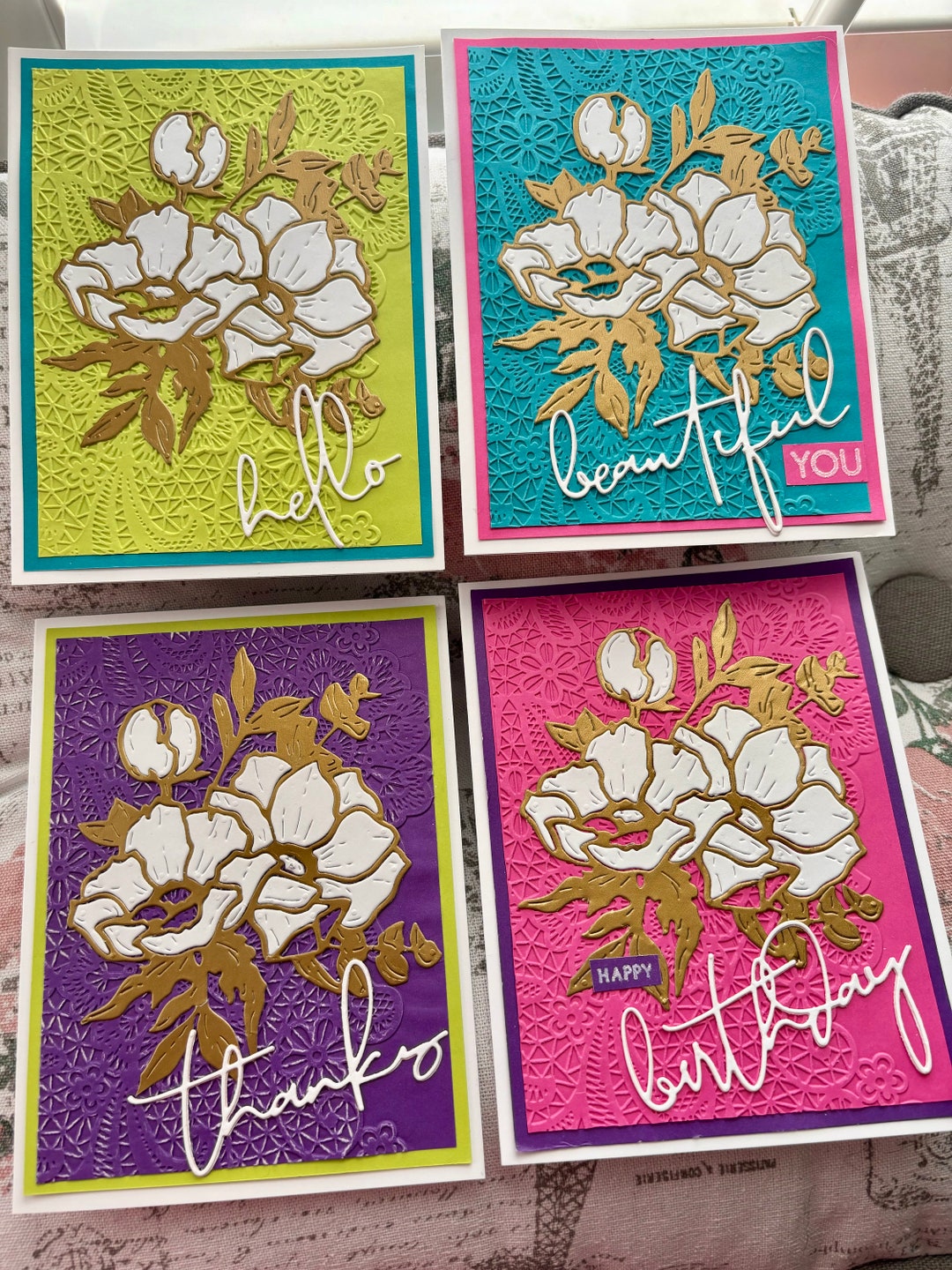 Set of 4 Handmade Greeting Cards Thanks Hello Happy Birthday Beautiful ...