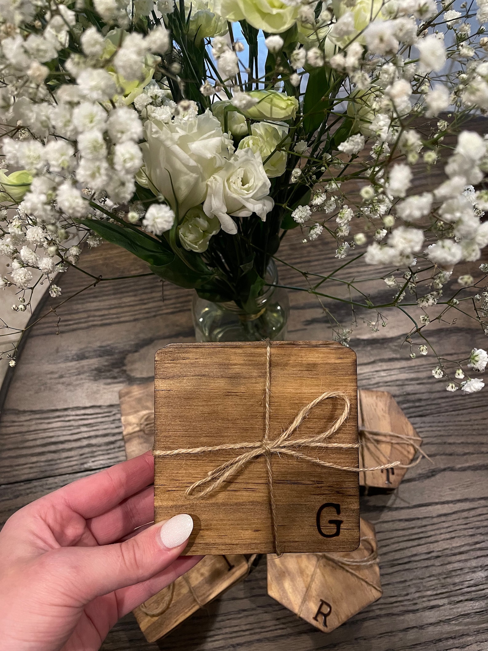 Personalized Wooden Coaster Set of 4, Wedding gift, Christmas gift, Housewarming gift, Stocking stuffer, Wooden Coasters, Monogram - Square