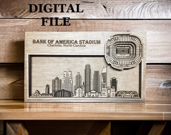 Archivo de corte digital SVG cortado con láser / Horizonte de Charlotte, Carolina del Norte y estadio 3D