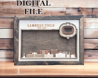 Laser Cut SVG Digital Cut File |Green Bay, Wisconsin Skyline and 3D Football Stadium