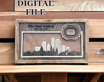 Laser Cut SVG Digital Cut File |Denver, Colorado Skyline and 3D Football Stadium