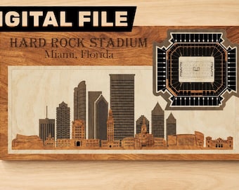 Archivo digital de corte láser SVG / Horizonte de Miami, Florida y estadio de fútbol americano universitario en 3D /