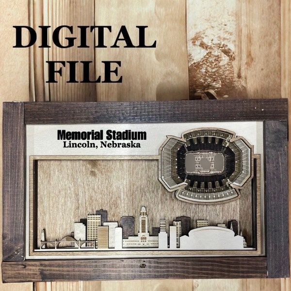 Laser geschnitten SVG-Digitalschnitt-Datei | Lincoln, Nebraska Skyline und 3D College Football Stadion