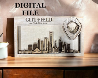 Archivo digital SVG para corte láser / Nueva York, horizonte de Nueva York y estadio de béisbol en 3D
