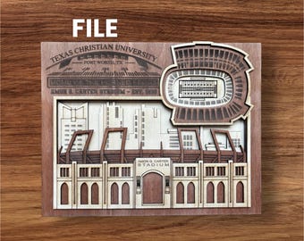 Arquivo de corte digital SVG para corte a laser | Skyline de Fort Worth, Texas e estádio de futebol americano universitário em 3D detalhado