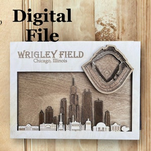 Fichier de découpe numérique SVG découpé au laser | Horizon de Chicago, Illinois et stade de baseball 3D