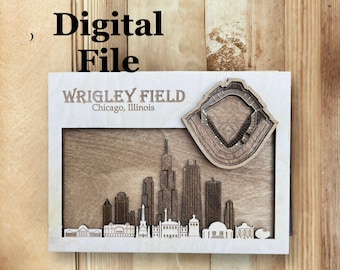 Laser Cut SVG Digital Cut File | Chicago, Illinois Skyline and 3D Baseball Stadium