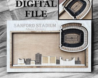 Arquivo de corte digital SVG cortado a laser | Horizonte de Atenas, Geórgia e estádio de futebol universitário 3D