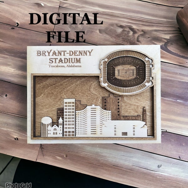 Laser Cut SVG Digital Cut File |Tuscaloosa, Alabama Skyline and 3D College Football Stadium