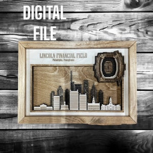 Archivo de corte digital SVG cortado con láser / Horizonte de Filadelfia, Pensilvania y estadio de fútbol en 3D