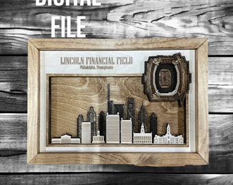Archivo de corte digital SVG cortado con láser / Horizonte de Filadelfia, Pensilvania y estadio de fútbol en 3D