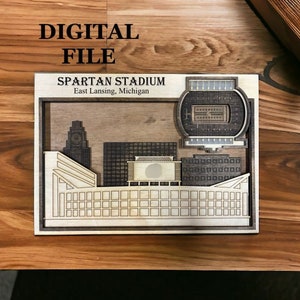 Laser Cut SVG Digital Cut File |East Lansing, Michigan Skyline and 3D College Football Stadium Close-Up