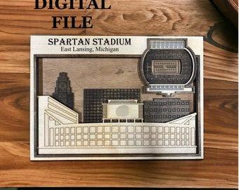 Archivo de corte digital SVG cortado con láser / Horizonte de East Lansing, Michigan y primer plano del estadio de fútbol universitario en 3D