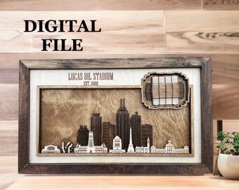 Archivo de corte digital SVG cortado con láser / Horizonte de Indianápolis, Indiana y estadio de fútbol en 3D / Vista aérea AL AIRE LIBRE