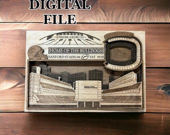 Archivo de corte digital SVG cortado con láser / Horizonte de Atenas, Georgia y estadio de fútbol universitario en 3D