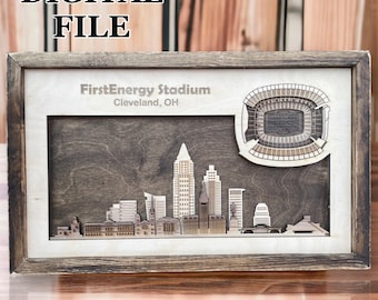 Laser Cut SVG Digital Cut File | Cleveland, Ohio Skyline and 3D Football Stadium