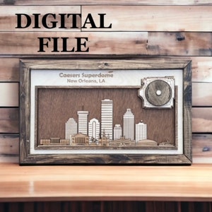 Laser geschnitten SVG-Digitalschnitt-Datei | New Orleans, Louisiana Skyline und 3D Football Stadion