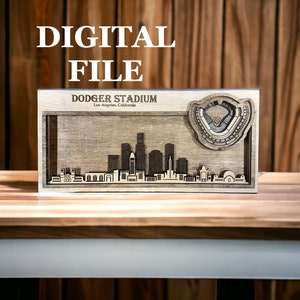 Wycinany laserowo plik SVG do cyfrowego cięcia | Los Angeles, Kalifornia Skyline i 3D Baseball Stadium