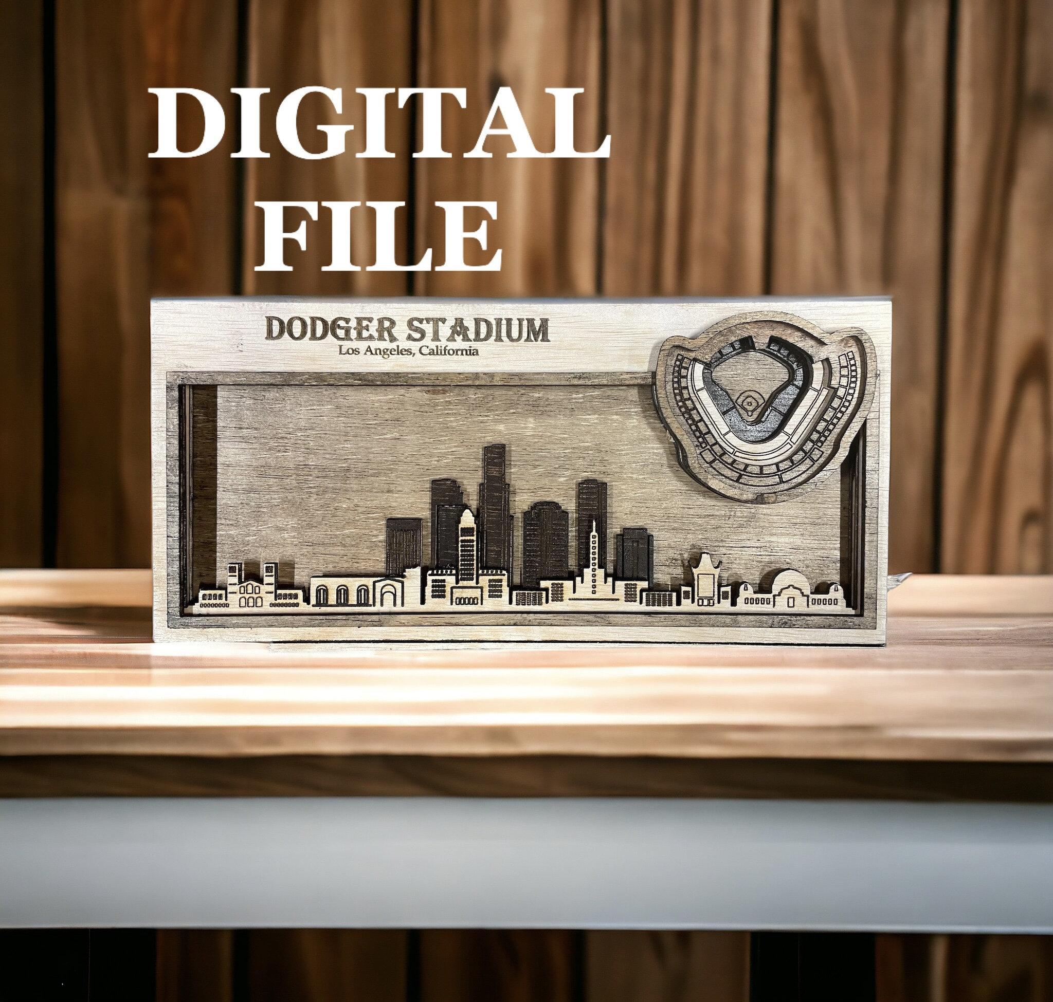 Laser Cut SVG Digital Cut File | Los Angeles, California Skyline and 3D Baseball Stadium