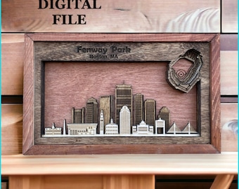 Laser Cut SVG Digital Cut File | Boston, Massachusetts Skyline and 3D Baseball Stadium
