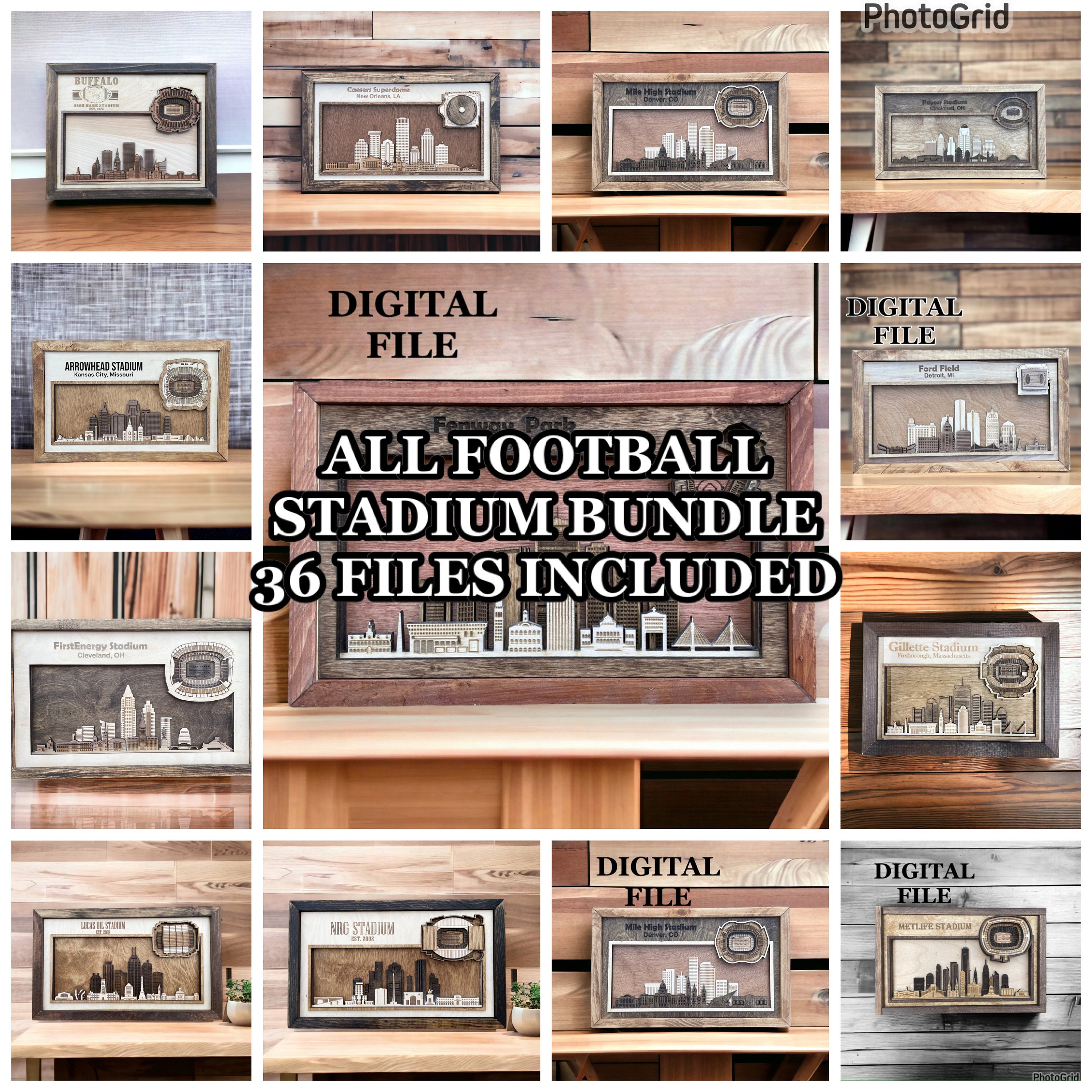 Laser Cut SVG Digital Cut File ALL Football Stadium Files - 36 Stadium Skyline Files