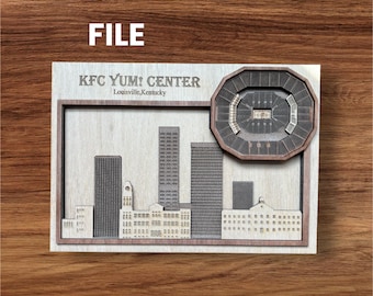 May include: A wooden relief sculpture of the Louisville, Kentucky skyline, including the KFC Yum! Center. The artwork is a digital file and features a detailed depiction of the city's architecture and arena.