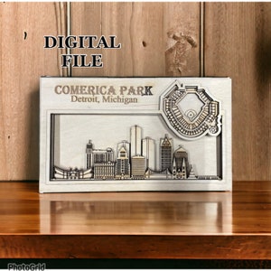 Laser Cut SVG Digital Cut File | Detroit, Michigan Skyline and 3D Baseball Stadium