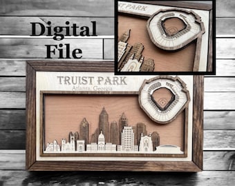 Laser Cut SVG Digital Cut File |Atlanta, Georgia Skyline and 3D Baseballl Stadium