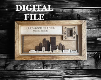 Archivo de corte digital SVG cortado con láser / Horizonte de Miami, Florida y estadio de fútbol en 3D / Vista aérea AL AIRE LIBRE