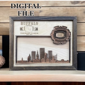 Laser geschnitten SVG-Digitalschnitt-Datei | Buffalo, New York Skyline und 3D Football Stadion