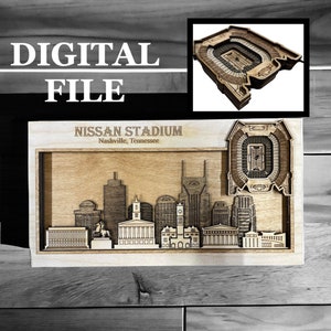 Lasergesneden digitale SVG-snijbestand | Skyline van Nashville, Tennessee en 3D-voetbalstadion