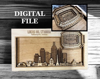 Arquivo de corte digital SVG para corte a laser | Skyline de Indianápolis, Indiana e estádio de futebol em 3D | Vista aérea interna