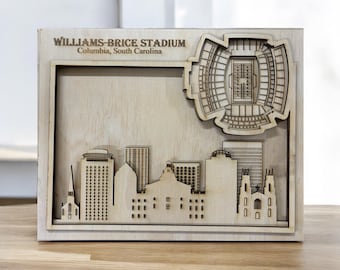 Arquivo de Corte Digital SVG para Corte a Laser | Skyline de Columbia, Carolina do Sul e Estádio de Futebol Americano Universitário em 3D
