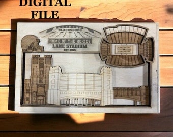 Arquivo de Corte Digital SVG para Corte a Laser | Horizonte de Blacksburg, Virgínia e Estádio de Futebol Americano Universitário em 3D