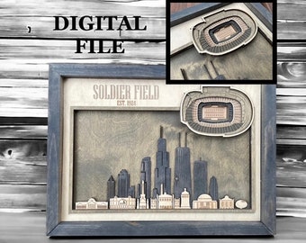 Laser Cut SVG Digital Cut File | Chicago, Illinois Skyline and 3D Football Stadium