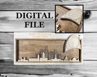 Laser Cut SVG Digital Cut File | Los Angeles, California Skyline and 3D Football Stadium | OUTDOOR aerial view