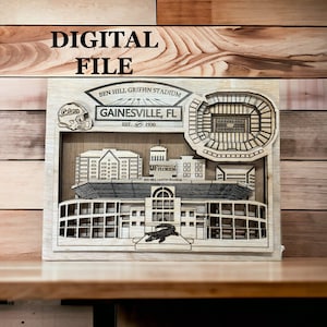 Laser geschnitten SVG-Digitalschnitt-Datei | Gainesville, Florida Skyline und 3D College Football Stadion