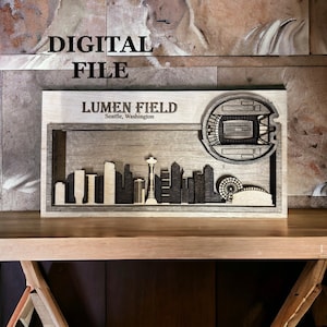 Laser Cut SVG Digital Cut File | Seattle, Washington Skyline and 3D Football Stadium