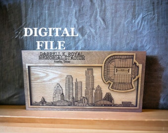 Archivo de corte digital SVG cortado con láser / Horizonte de Austin, Texas y estadio de fútbol universitario en 3D