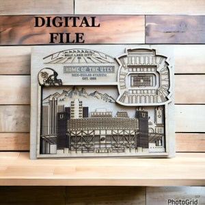 Lasergesneden digitaal SVG-bestand | Salt Lake City, Utah Skyline en 3D College Football Stadium
