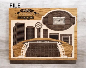 Arquivo de corte digital SVG para corte a laser | Skyline detalhado de Arlington, Texas e estádio de futebol em 3D