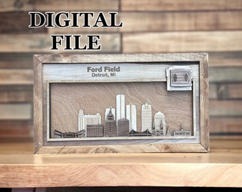 Archivo digital SVG para corte láser / Horizonte de Detroit, Michigan y estadio 3D / Vista aérea exterior
