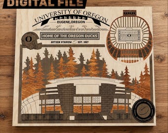 Arquivo SVG para corte a laser | Arquivo de corte digital | Horizonte de Eugene, Oregon e estádio de futebol americano universitário em 3D detalhado