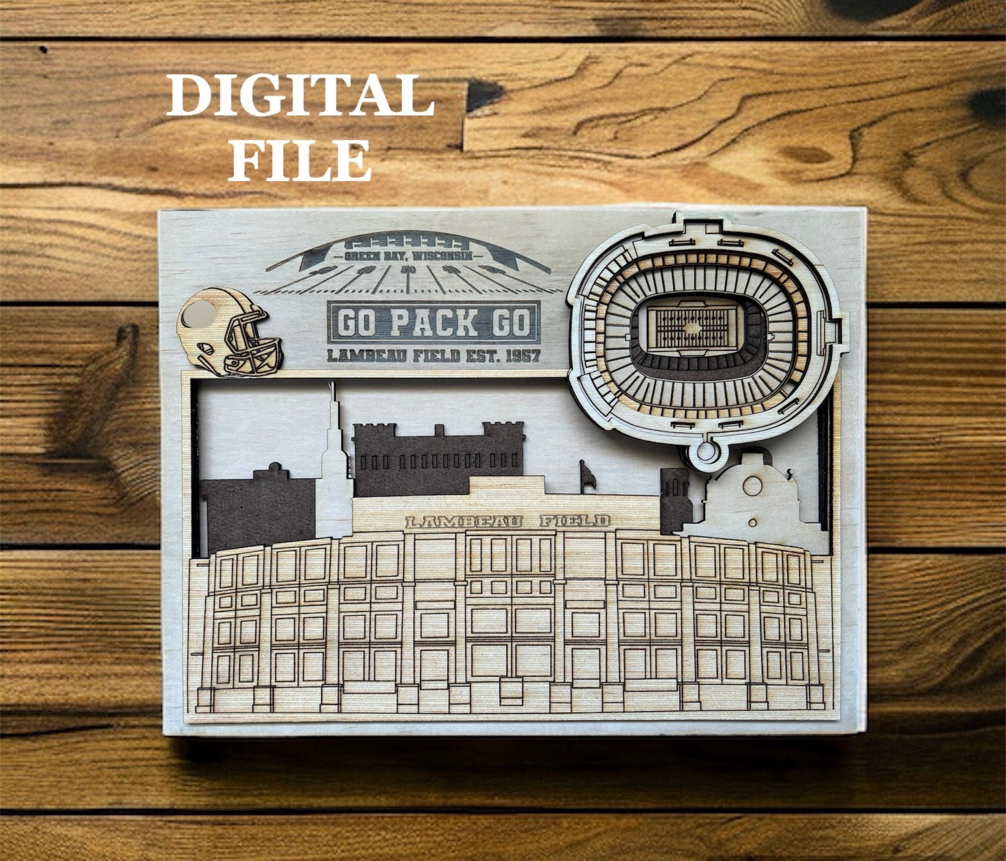 Laser Cut SVG Digital Cut File | Green Bay, Wisconsin Skyline and 3D Football Stadium