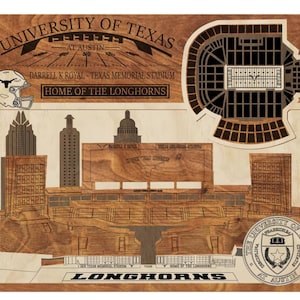 Laser Cut SVG Digital Cut File |Austin, Texas Skyline and 3D College Football Stadium