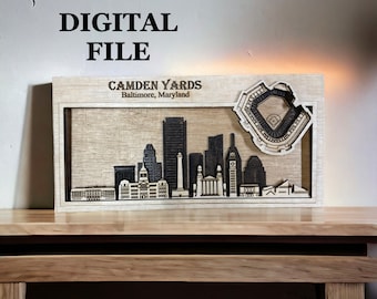 Laser Cut SVG Digital Cut File | Baltimore, Maryland Skyline and 3D Baseball Stadium