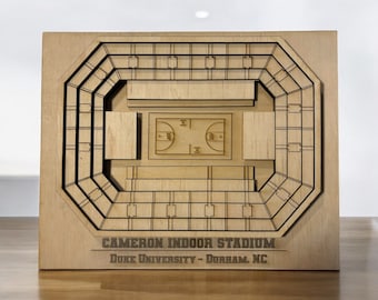 Archivo de corte digital SVG cortado con láser / Horizonte de Durham, Carolina del Norte y estadio de baloncesto en 3D